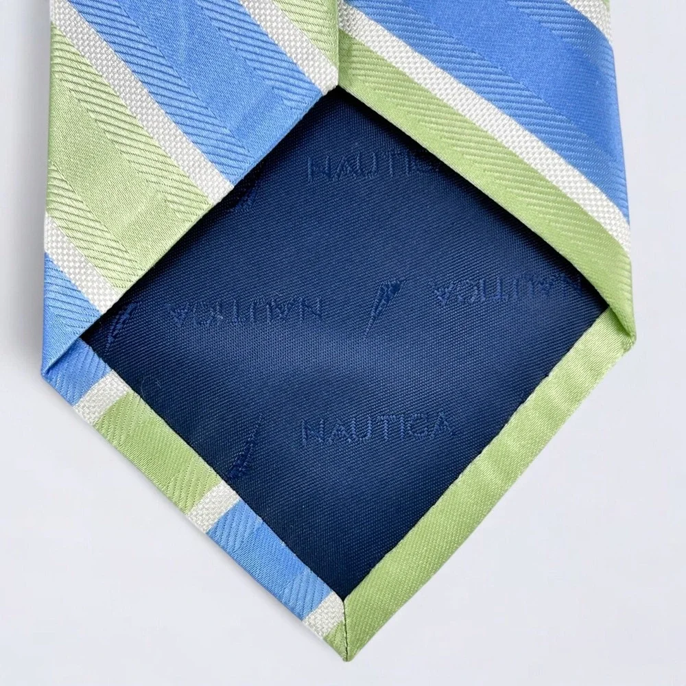 Nautica Necktie Adult Blue Green White Striped 100% Silk Repp Tie NEW
